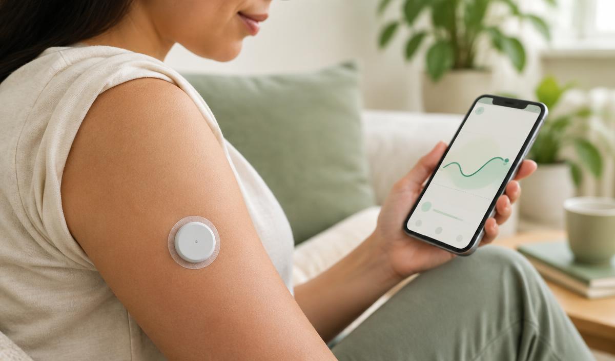 Capteur de glucose en continu sur le bras et courbe de tendance sur un smartphone
