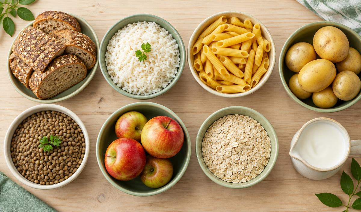 Sources de glucides : pain, riz, pâtes, pommes de terre, lentilles, pommes et flocons d'avoine