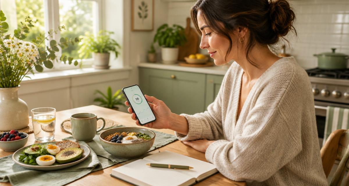 Personne consultant sa glycémie sur son téléphone pendant un petit-déjeuner équilibré