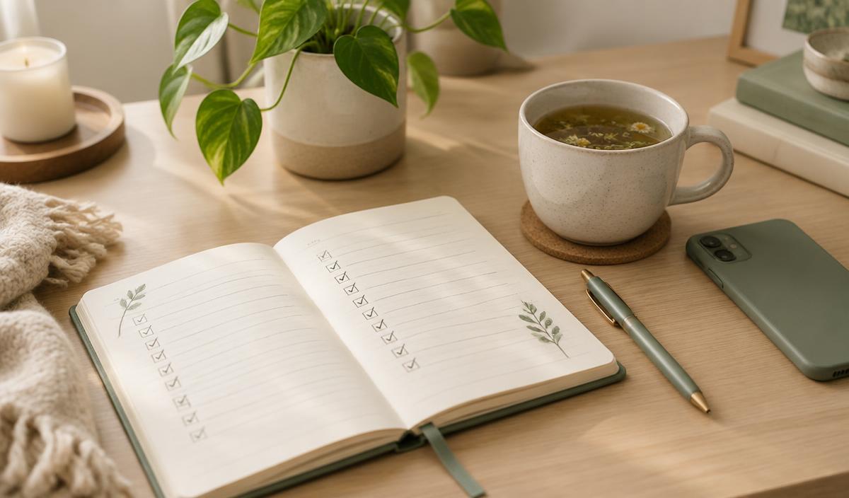 Carnet ouvert avec des cases cochées, tasse de tisane et plante sur un bureau