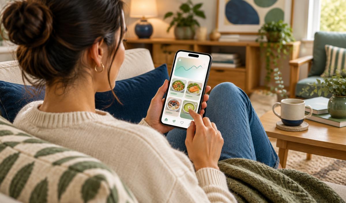 Personne consultant des recettes et une courbe de glycémie sur son téléphone, installée dans un canapé